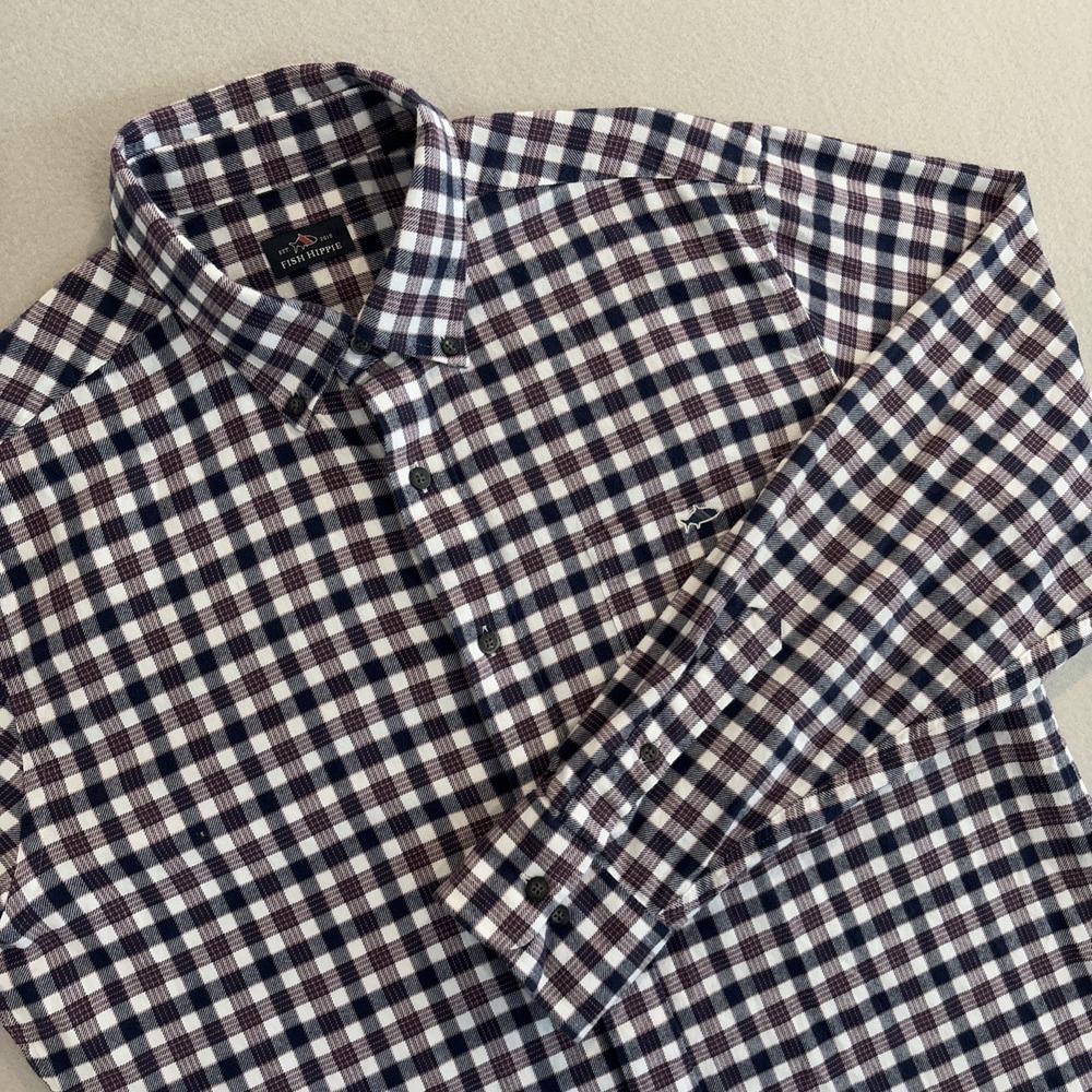 Fish Hippie LARGE Blue/burgundy/white Plaid‎ FLANNEL Button Down Shirt ~ So SOFT